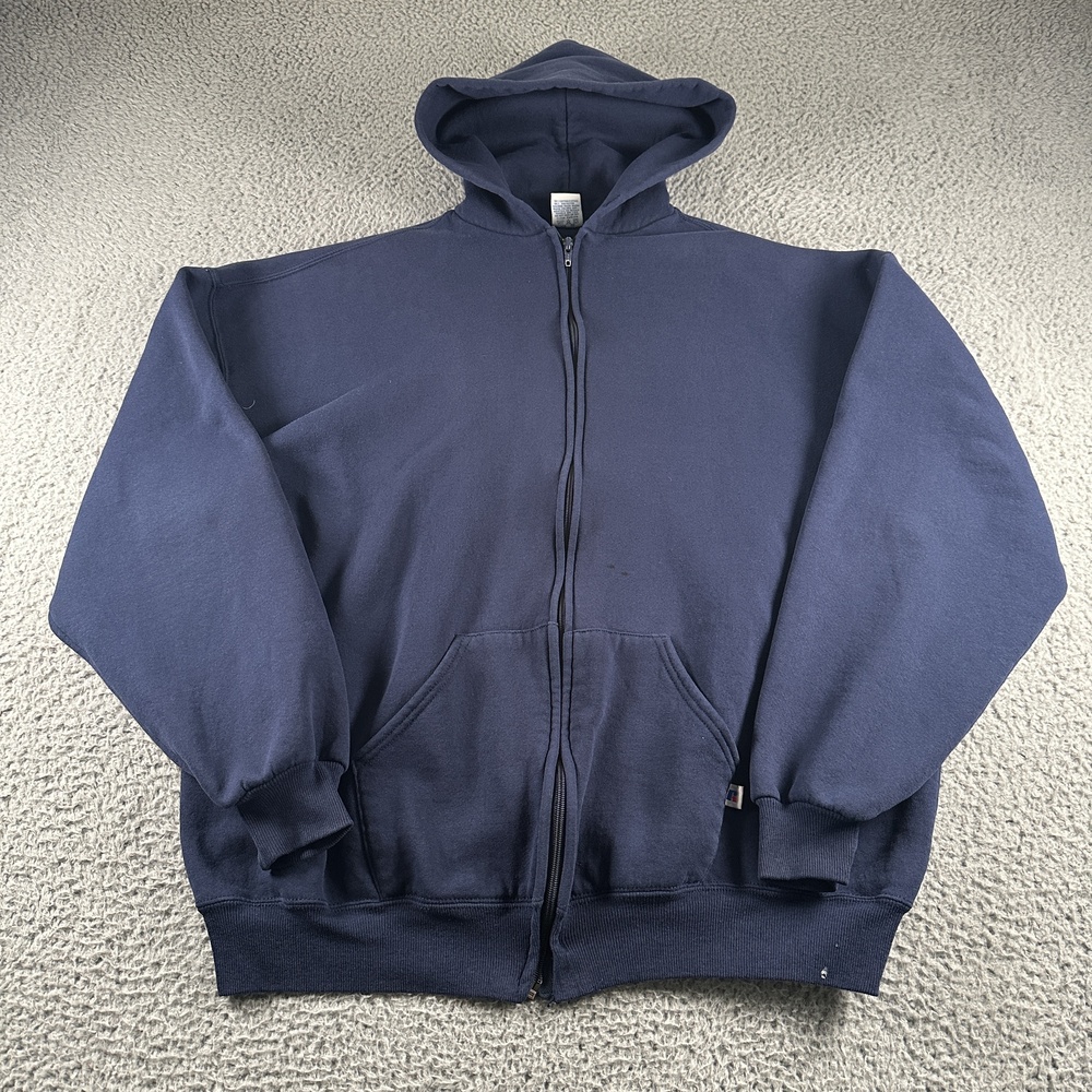 Vintage Russell Athletic Hoodie Mens 2XL Blue Full Zip Fleece Sweatshirt USA 90s